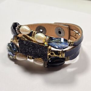 Suzy T Designs Textured Leather Bracelet Navy Gold Druzy Stone Pearl Bracelet